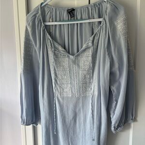 Talbots Women’s light sky blue white embroidered Fairy blouse top Bohemian Large